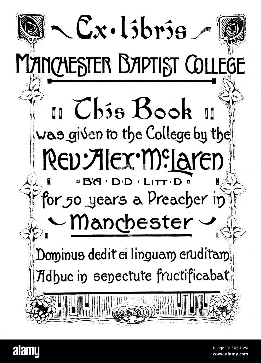 Edwardian Bookplate mit einer Spende an die Manchester Baptist College Library von Rev Alex McLaren 1826-1910 Stockfoto