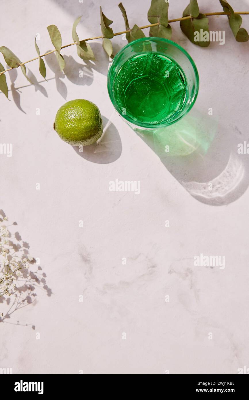 Ästhetischer Limette gesunder Estragon Detox Sparkling Cocktail. Alkoholfreies vitaminisiertes gesundes Getränk. Grüner Mocktail für St. Patricks Day. Kopierbereich, Stockfoto