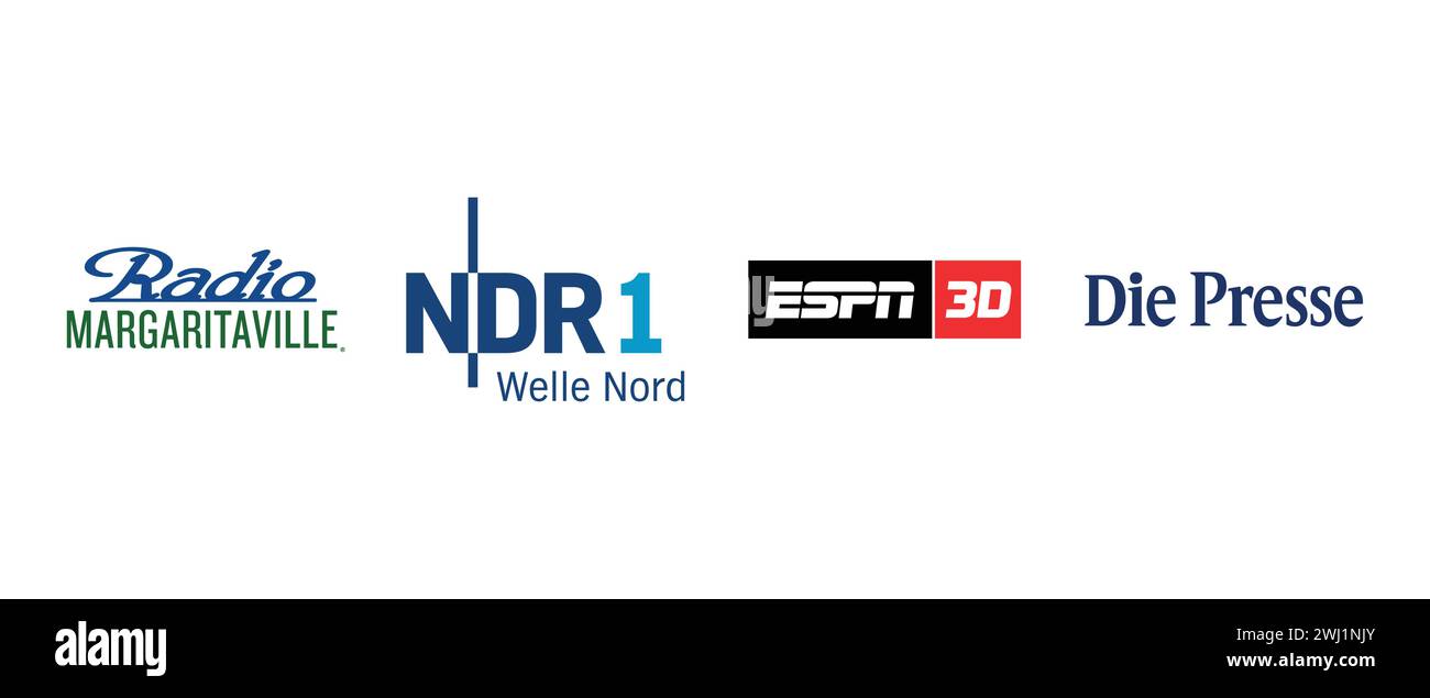 NDR 1 Welle Nord, Margaritaville, ESPN 3D, die Presse. Vektorillustration, redaktionelles Logo. Stock Vektor