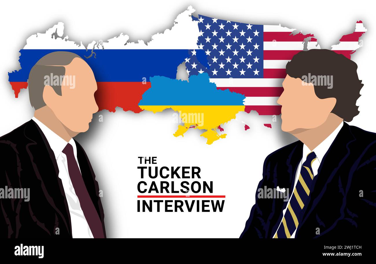 Februar 2024. Der amerikanische Journalist Tucker Carlson interviewte den russischen Präsidenten Wladimir Putin in Moskau. Stockfoto