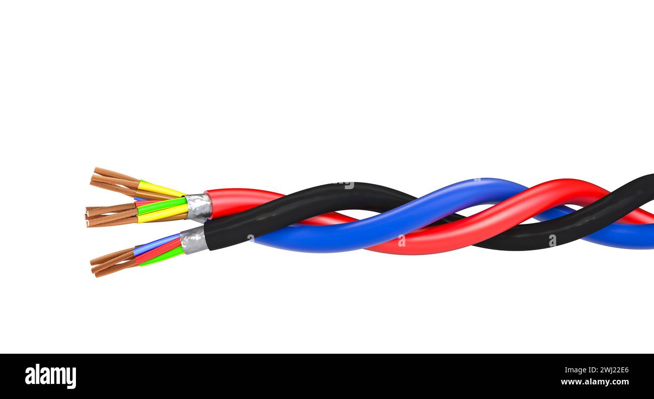 Geflochtenes elektrisches Kabel, isoliert auf weißem Hintergrund. 3D-Rendering Stockfoto