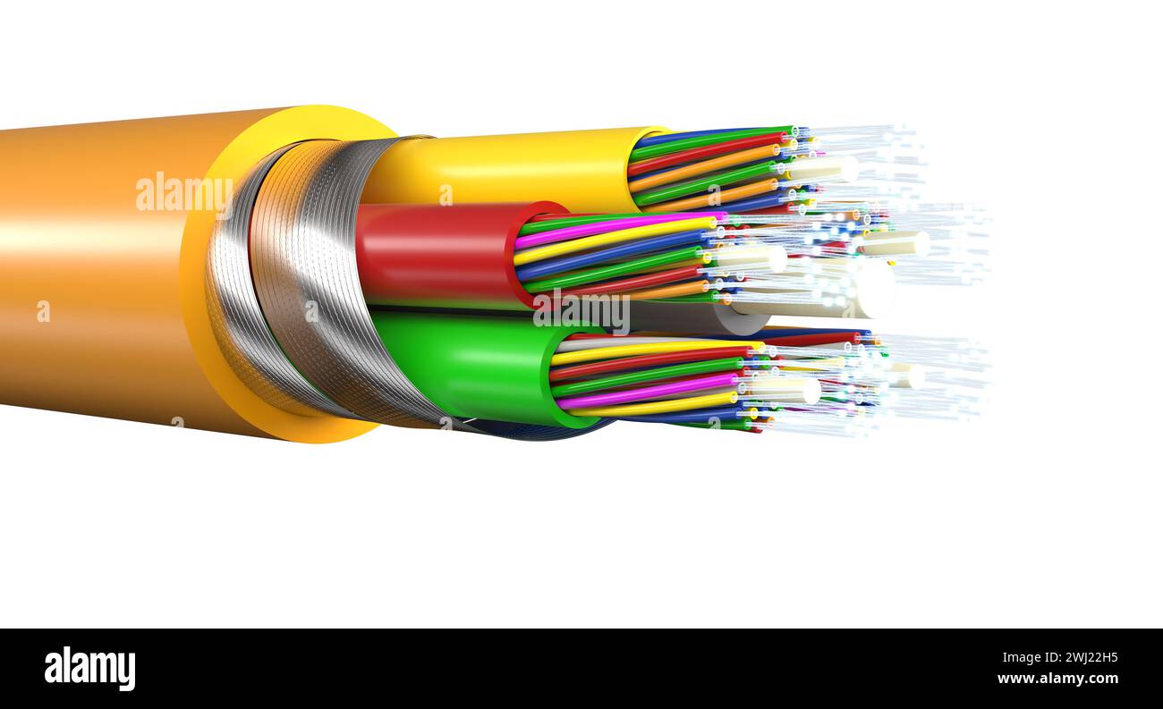 Detail des Glasfaserkabels für Internetverbindung. 3D-Rendering Stockfoto