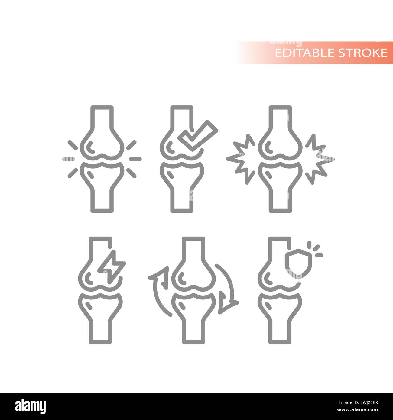 Gelenke, gesunde und schmerzhafte Vektor-Symbolsatz. Menschliche Gelenke, Rheuma und Arthritis umreißen Symbole. Stock Vektor