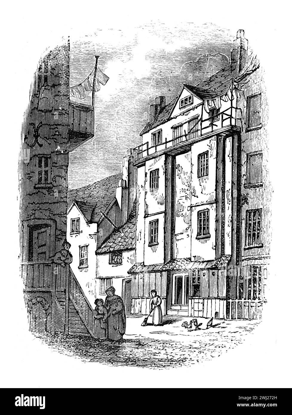 William Caxton's Printing Office, Westminster, London, England. Black-and-White-Illustration aus dem „Old England“, veröffentlicht von James Sangster im Jahr 1860. Stockfoto