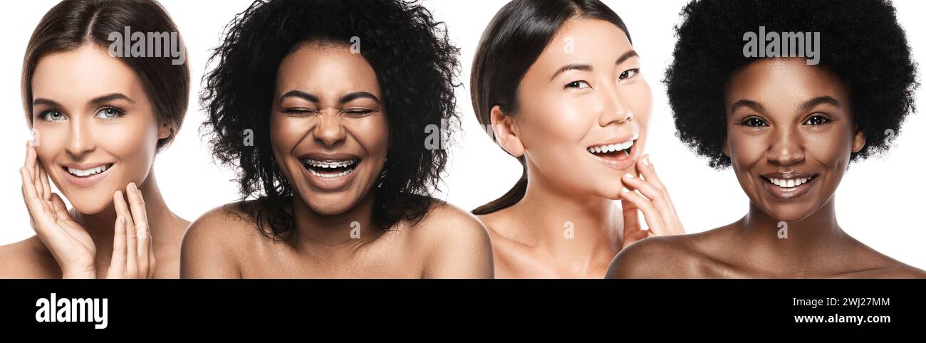 Multiethnische Vielfalt und Schönheit. Eine Gruppe von Frauen aus verschiedenen ethnischen Gruppen mit wunderschönem weißen Lächeln. Stockfoto