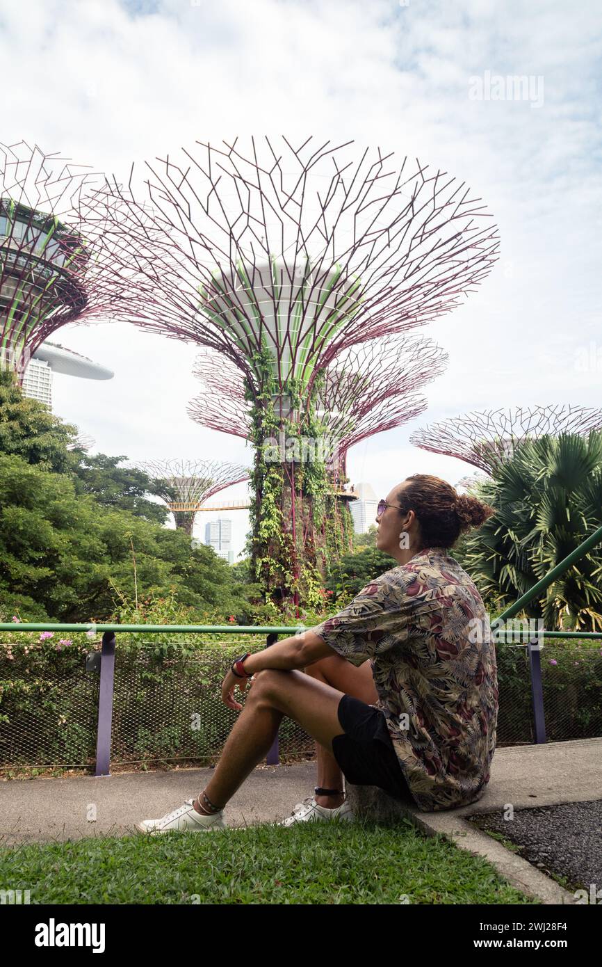 Männlicher Tourist mit lockigem Haar, der auf die Gärten an der Bucht blickt Stockfoto