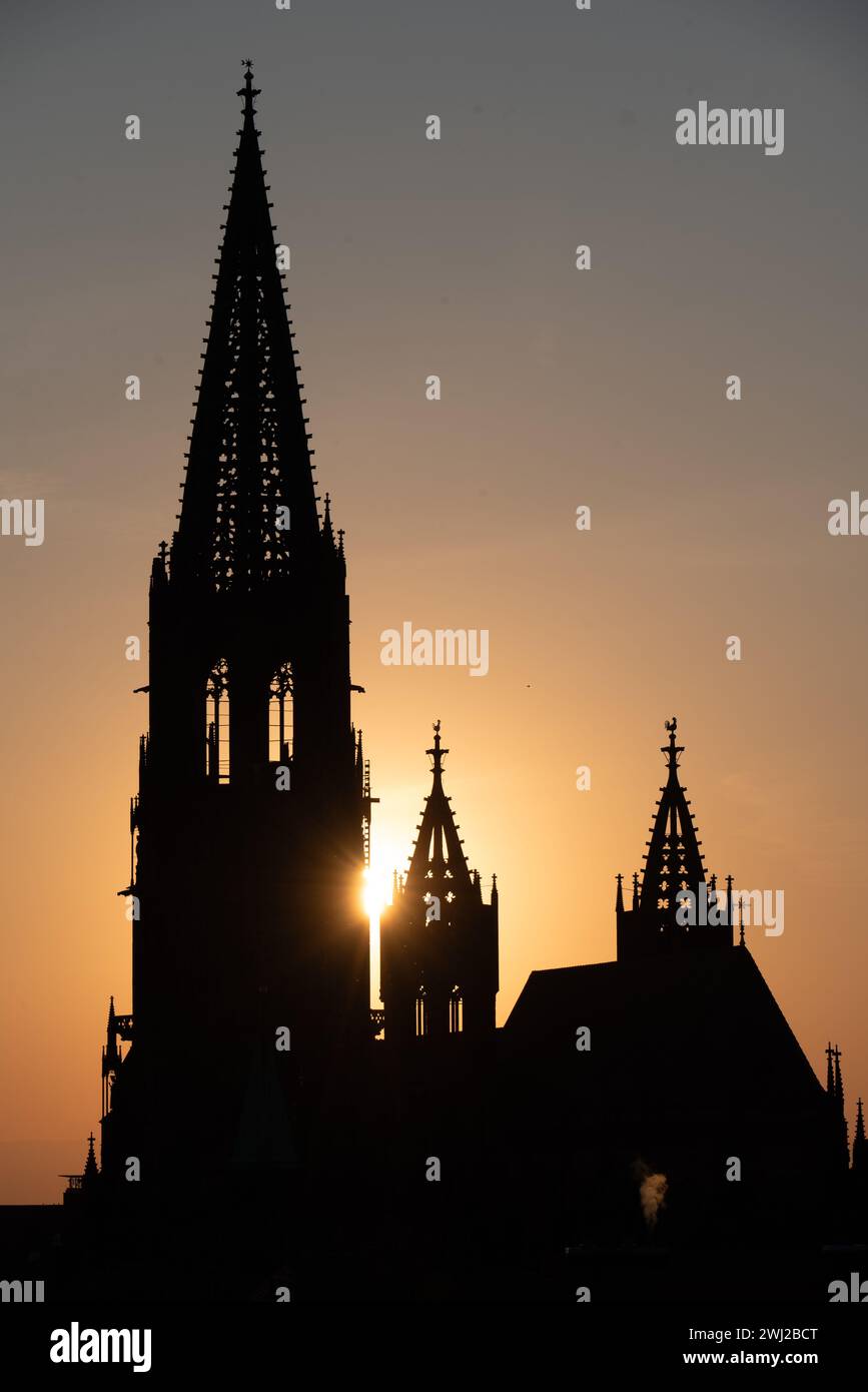 Hinterleuchtung des Freiburger Doms bei Sonnenuntergang Stockfoto
