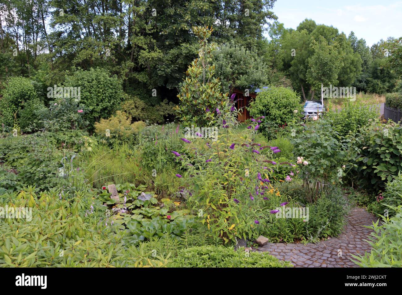 Klimatisierter Garten mit Gartenteich und Gartenweg Stockfoto