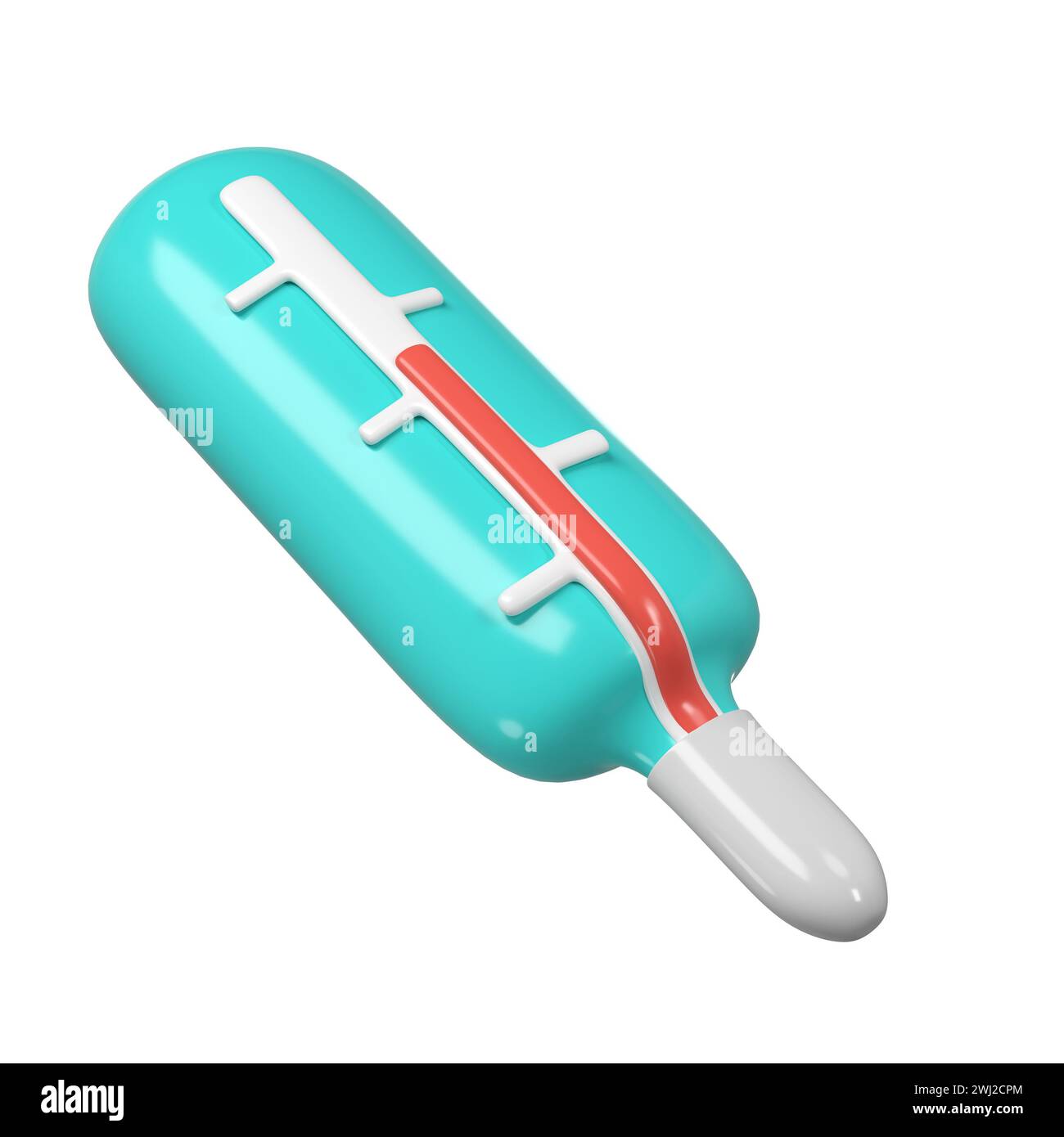 3D medizinisches Quecksilberthermometer. Darstellungsdarstellung von medizinischen Diagnosegeräten zur Temperaturmessung in türkisfarbener Farbe. Niedlicher Cartoon Stockfoto