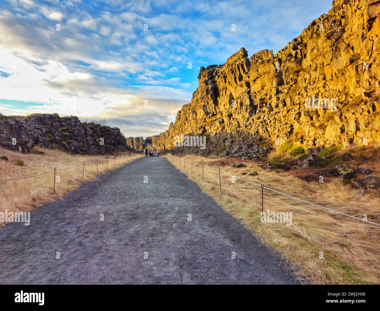 Eine verlassene Straße mit verstreuten Felsen und bewachsenem Gras am Ende, Island Stockfoto
