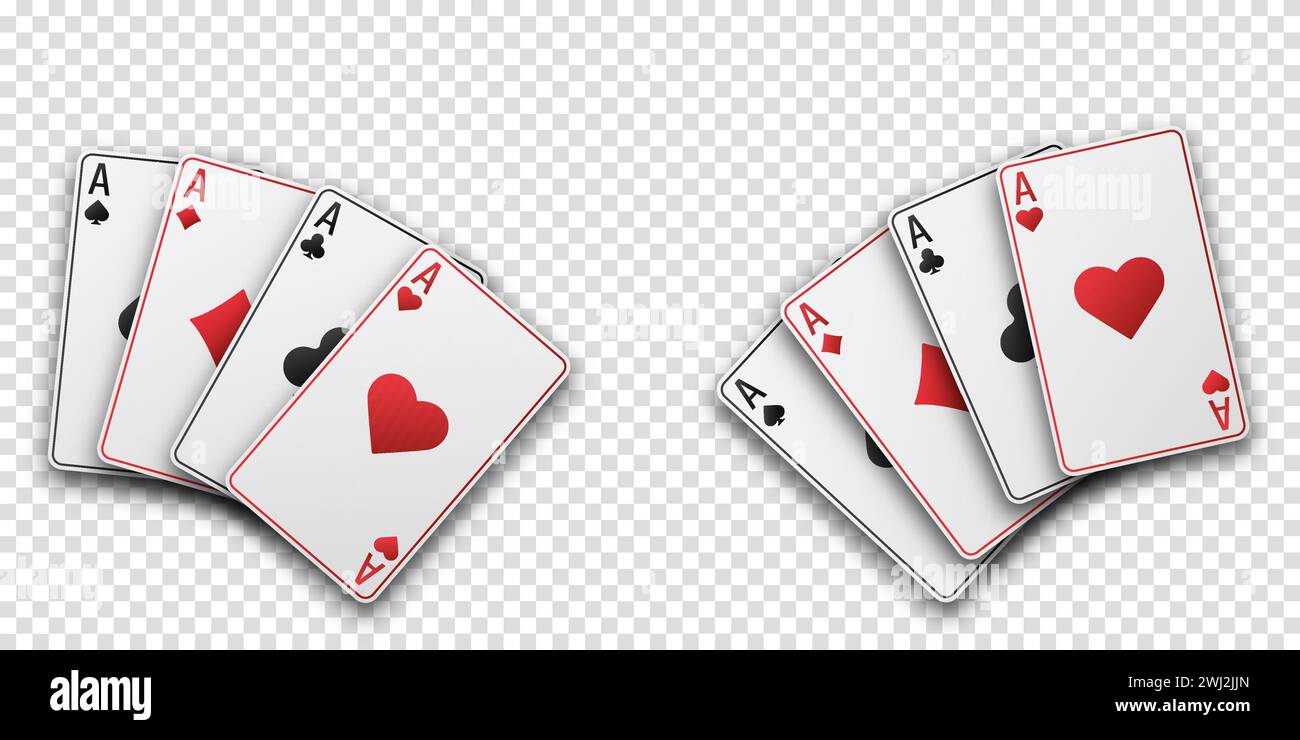 Fans von Karten mit Handspielen. Asse mit dem Anzug aus Herzen, Schlägern, Diamanten und Pik. Vetor-Abbildung. Poker- oder Casino-Konzept. Transparenter Hintergrund Stock Vektor