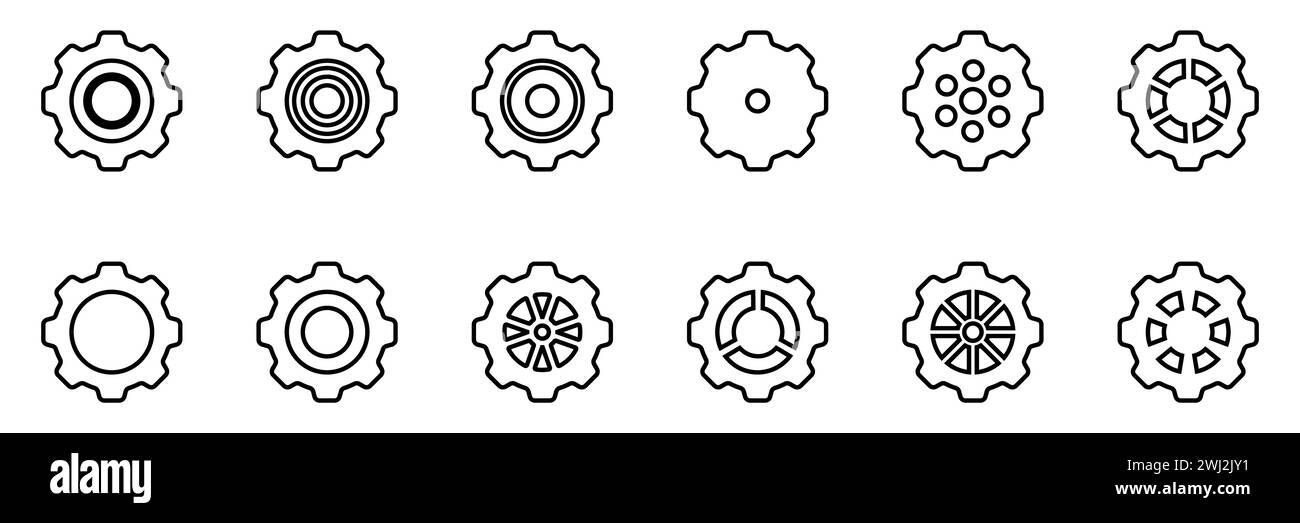 Symbolsatz Gänge. Symbol für Gangeinstellung. Sammlung mechanischer Zahnräder. Einfache Zahnradsammlung. Silhouette mit Zahnradsymbolen. Vector Illustrati Stock Vektor