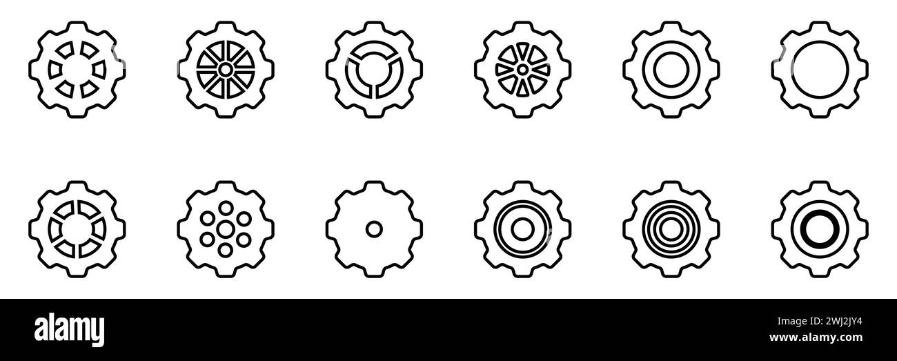 Symbolsatz Gänge. Symbol für Gangeinstellung. Sammlung mechanischer Zahnräder. Einfache Zahnradsammlung. Silhouette mit Zahnradsymbolen. Vector Illustrati Stock Vektor