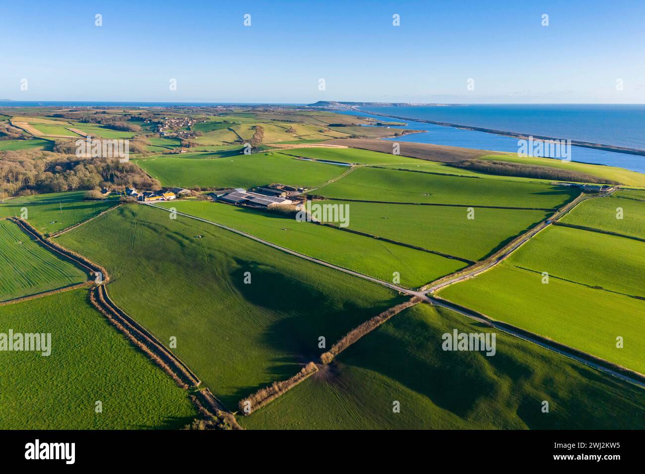 Abbotsbury, Dorset, Großbritannien. Februar 2024. Wetter in Großbritannien. Luftaufnahme über Felder in Abbotsbury in Dorset mit Blick auf Chesil Beach und die Fleet Lagune bis zur Isle of Portland an der Jurassic Coast an einem warmen, sonnigen Nachmittag. Bildnachweis: Graham Hunt/Alamy Live News Stockfoto