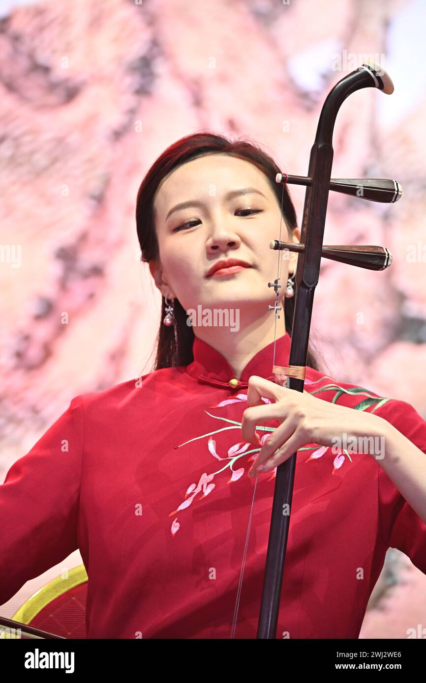 Trafalgar Square, London, UK, 11. Februar 2024: Das Beijing Chinese Orchestra feiert auf dem Neujahrsfest 2024 eine spektakuläre Show zum Neujahrsfest 2024. Die CPC sponsert alle Aufführungen, die aus Peking und Guangzhou kommen. Das Mondneujahr ist auch als chinesisches Neujahr oder Frühlingsfest bekannt. Die chinesische Feier in London zog Tausende von Menschen an. Erleben Sie traditionelle Drachen- und fliegende Löwentänze und unterhaltsame Bühnenaufführungen aus China, einschließlich Peking Oper und Akrobatik, Kampfkunst-Ausstellungen und antike Magie in London, Großbritannien. Stockfoto