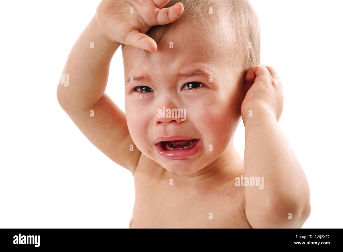 Nahaufnahme eines aufgebrachten kleinen Jungen, der weint ist. Stockfoto