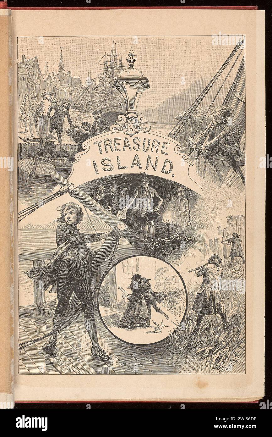 Vintage-Buchdruck für Treasure Island von Robert Louis Stevenson. Innerhalb der Titelseite Stockfoto