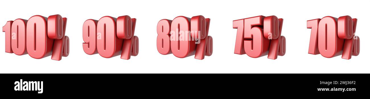 70, 75, 80, 90, 100 Rot-Prozent-Zeichen 3D Stockfoto