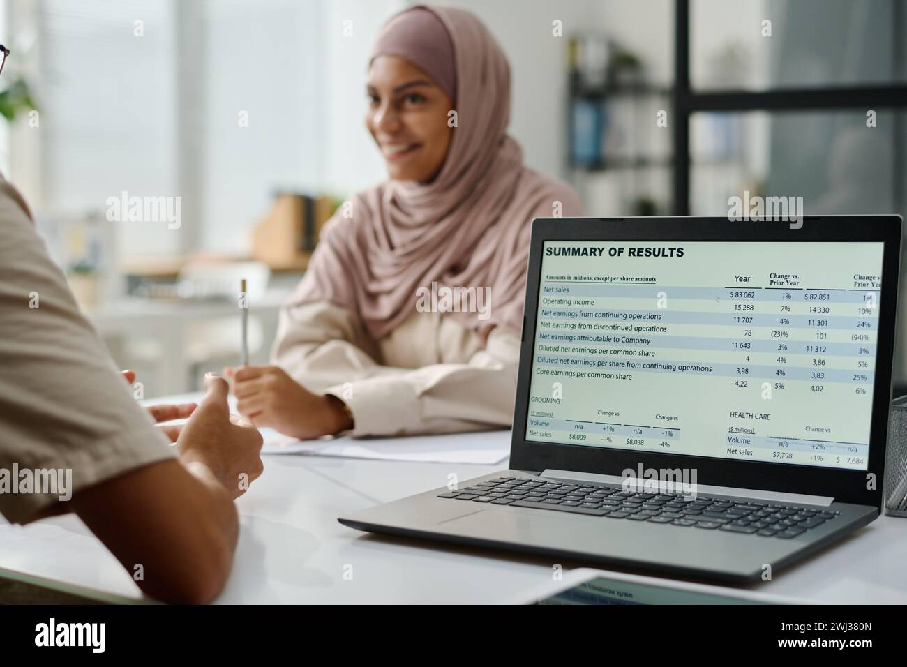 Finanzdaten auf dem Bildschirm eines Laptops, der neben einem jungen muslimischen Geschäftsmann auf dem Schreibtisch steht und der Kollegin im Hijab etwas erklärt Stockfoto