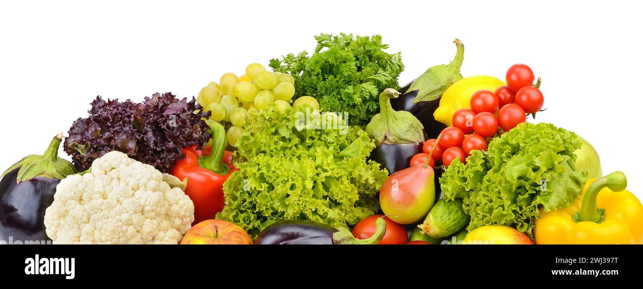 Helles, leckeres Gemüse und Früchte isoliert auf weißem Hintergrund. Stockfoto