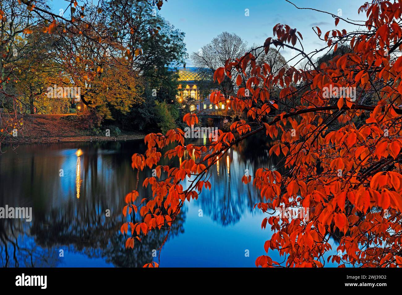 Staendehaus K21 mit dem Kaiserteich im Herbst am Abend, Düsseldorf, Deutschland, Europa Stockfoto