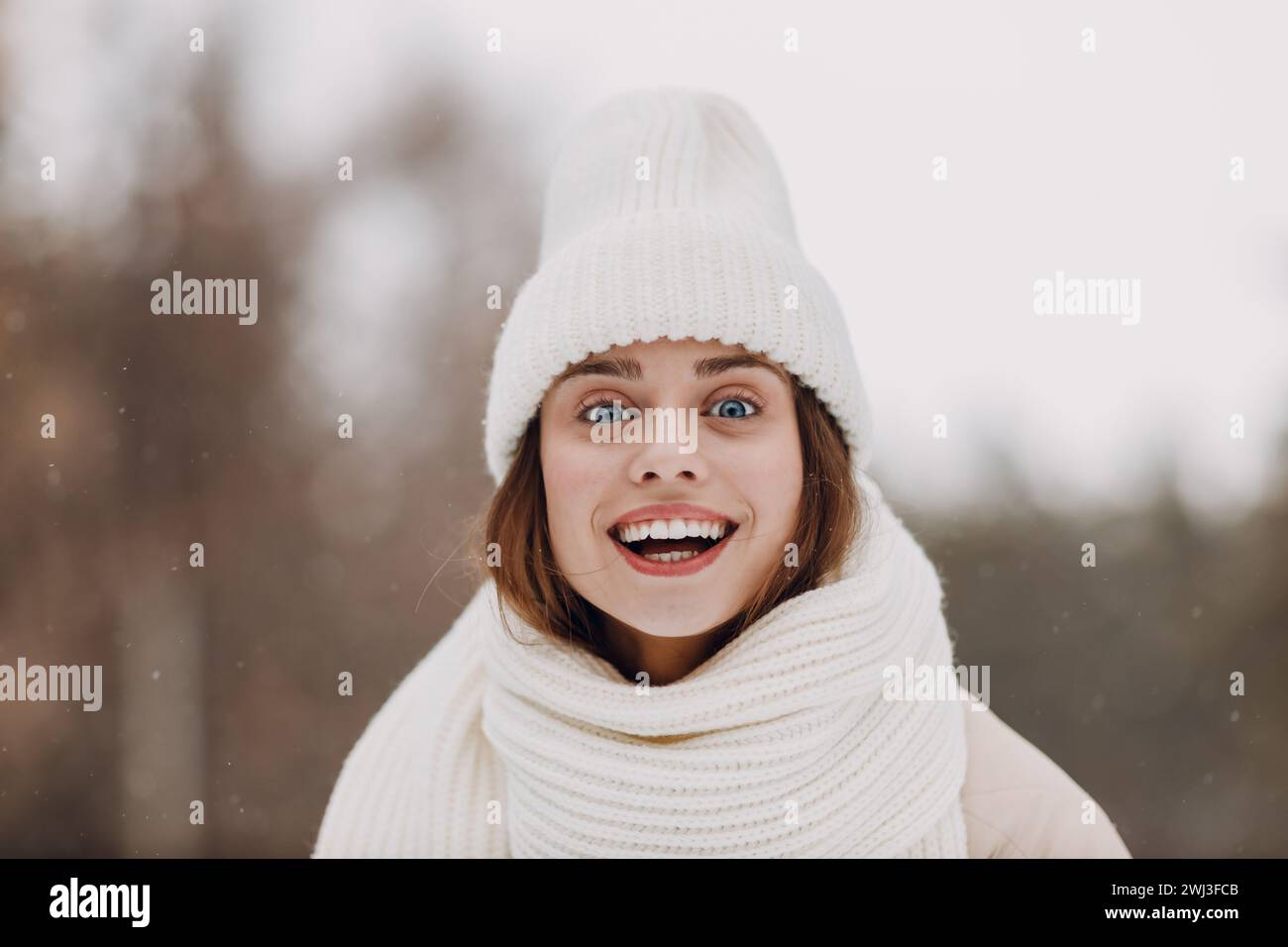 Glücklich lächelnde junge Frau Porträt gekleidete Mantel Schal Hut und Fäustlinge genießt das Winterwetter im verschneiten Winterpark. Stockfoto