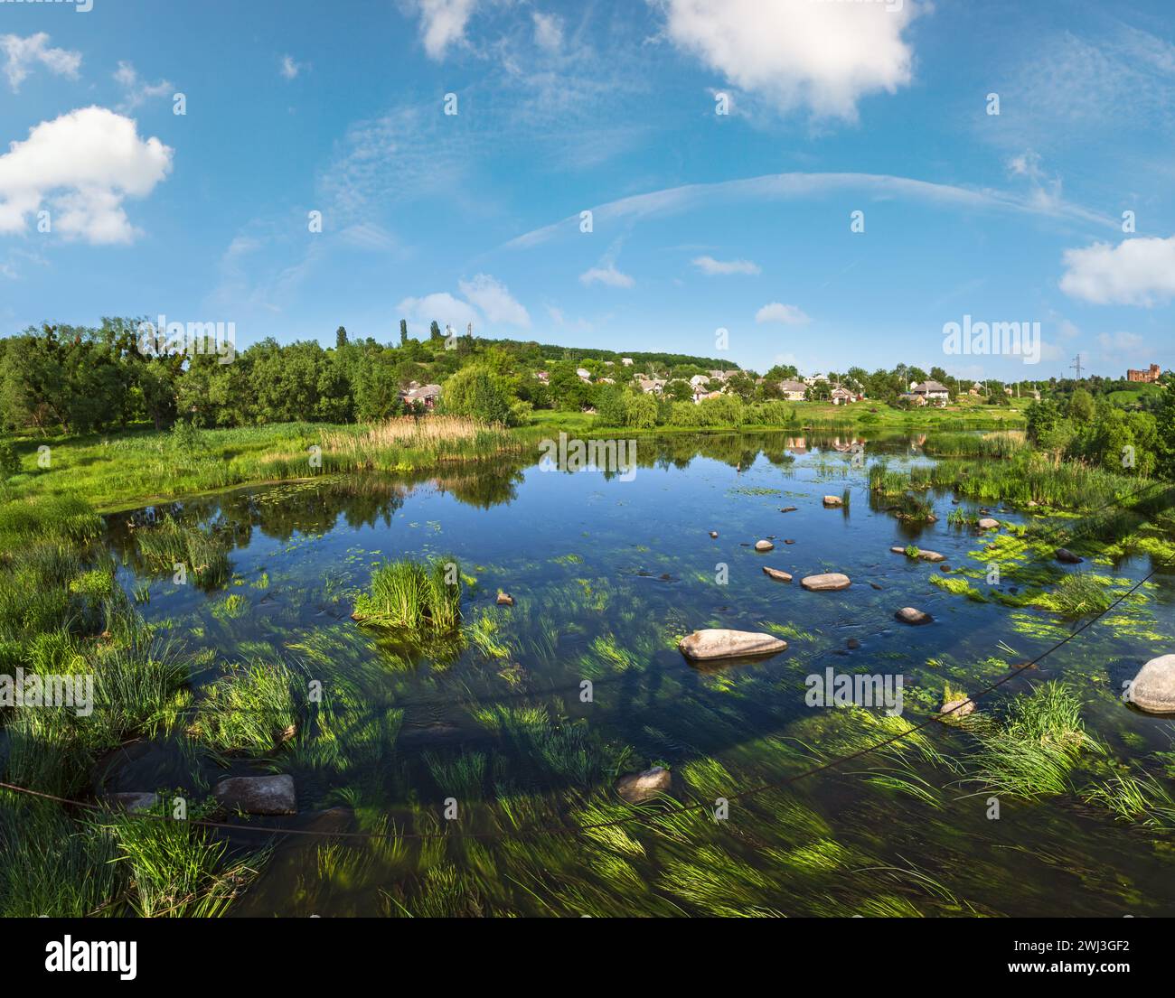 Kleiner malerischer ruschiger Teich am Fluss. Sonniger Sommertag am Fluss Ros, Boguslav, Ukraine. Stockfoto