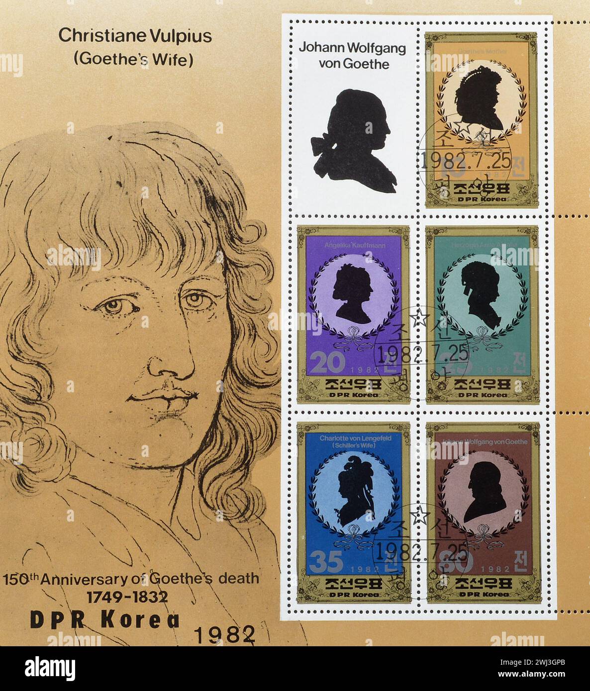 Souvenirbogen mit gestempelten Briefmarken, gedruckt von Nordkorea, der Christiane Vulpius zeigt und den 150. Todestag Goethes feiert, Stockfoto