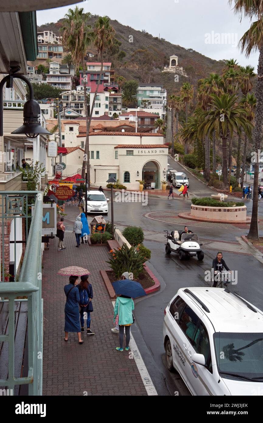 Catalina, Insel, Besucher, Regen, Regen, Tag, Sonnenschirme, Tourist, Tourismus, Touristen, Stadtlandschaft, Menschen, Elektrik, Autos, Architektur, hügel, Hanglage, Stockfoto