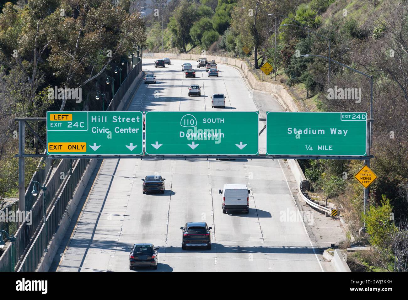 Los Angeles 110 Freeway South Downtown Pfeilschild. Stockfoto