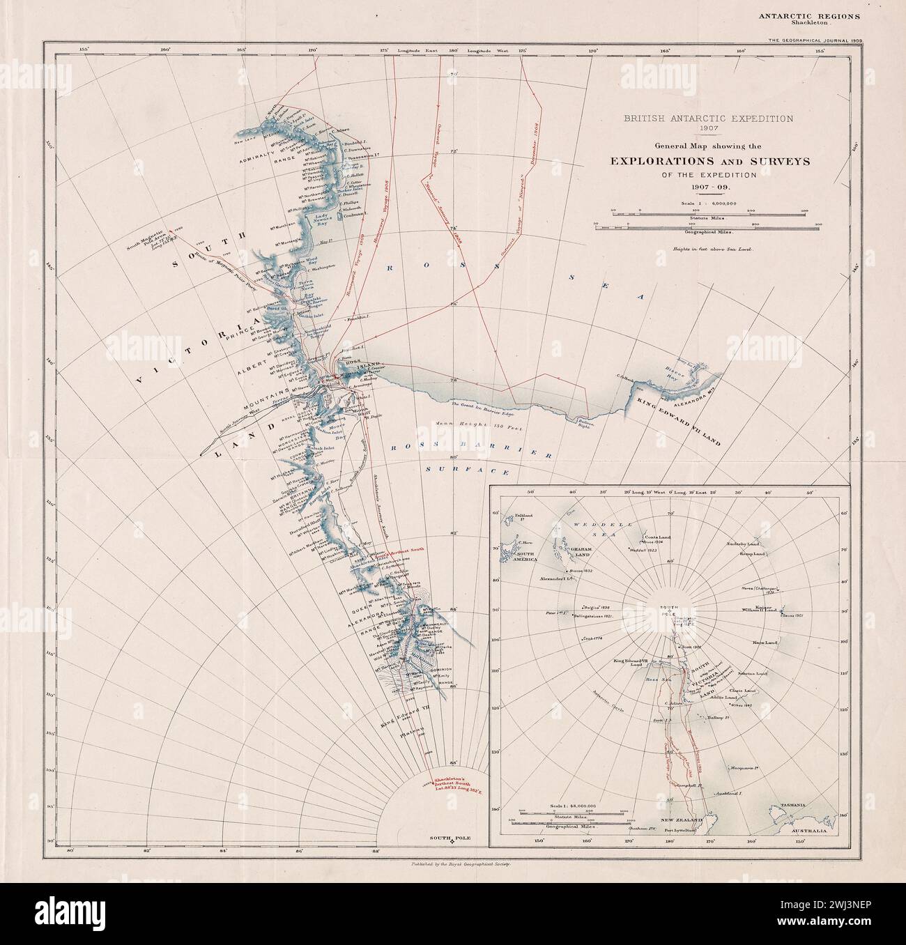 Historische Karte mit der Route der South Magnetic Pole Party in Shackletons British Antarctic Expedition. Die Strecke ist von Ende 1908 bis Anfang 1909 datiert. Stockfoto