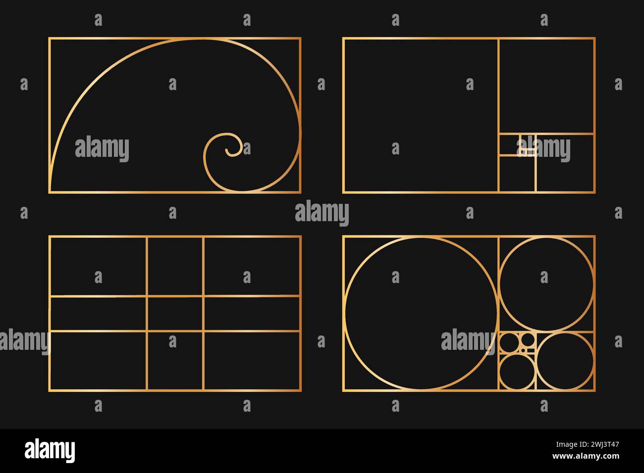 Sammlung von Golden Ratio-Vorlagen. Logarithmische Spirale. Fibonacci-Sequenz als rechteckige Rahmen, die auf Linien, Quadrate und Kreise aufgeteilt sind. Perfekte Natur Symmetrie Proportionen Raster. Vektorabbildung Stock Vektor