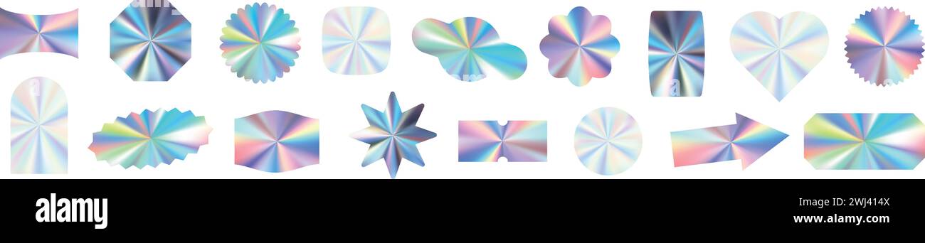 Silberner holografischer Aufkleber mit Verlaufungseffekt, für Etiketten, Abzeichen oder Verkaufsstempel, Folienhologramm. Illustration des flachen Vektors auf weißem Hintergrund isoliert Stock Vektor