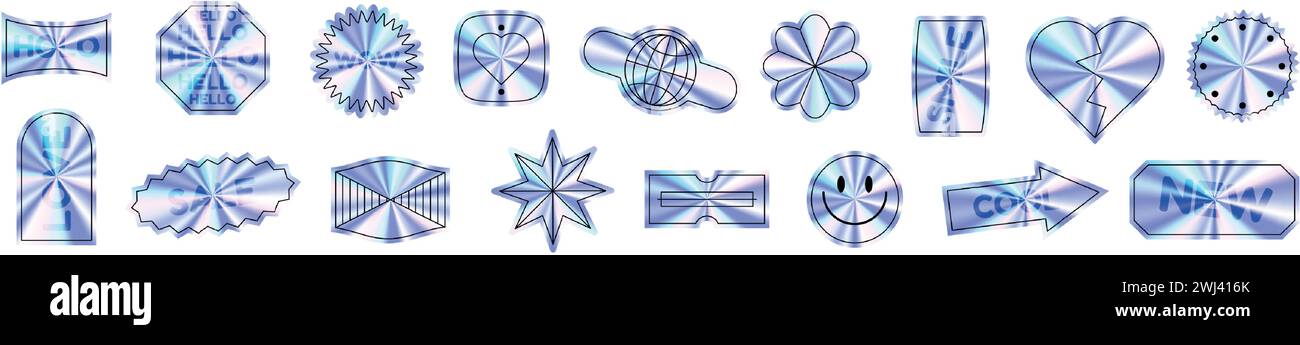 Y2K-Hologrammaufkleber mit Folienverchromung. Illustration des flachen Vektors auf weißem Hintergrund isoliert. Stock Vektor
