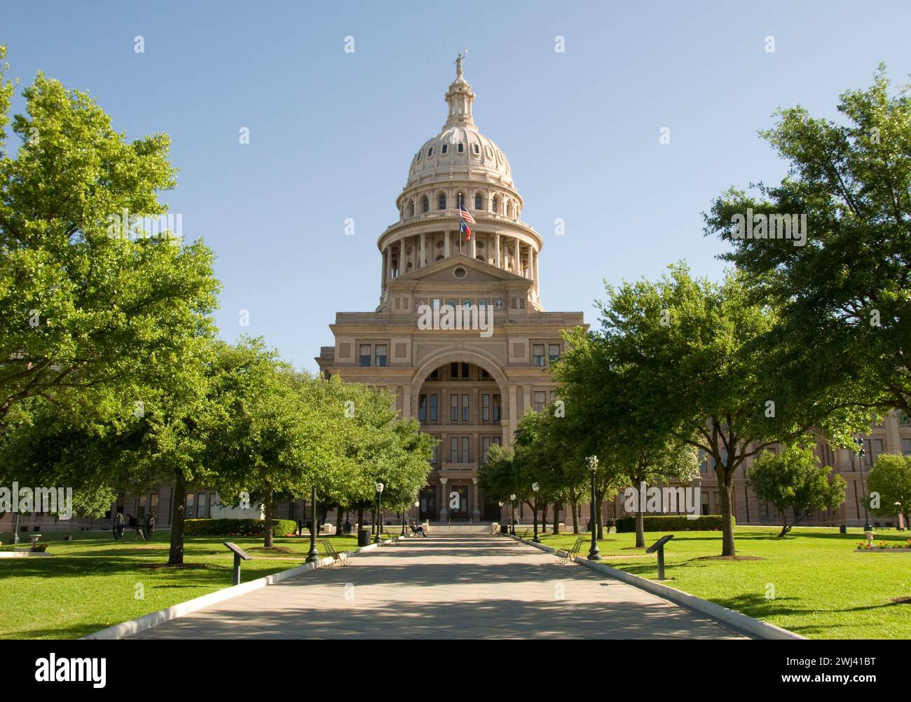 Das Texas State Capitol baute 1888 aus „Sunset Red“ Granit aus einem nahegelegenen Steinbruch – das größte aller State Capitols – und ist nach dem National Capitol an zweiter Stelle Stockfoto