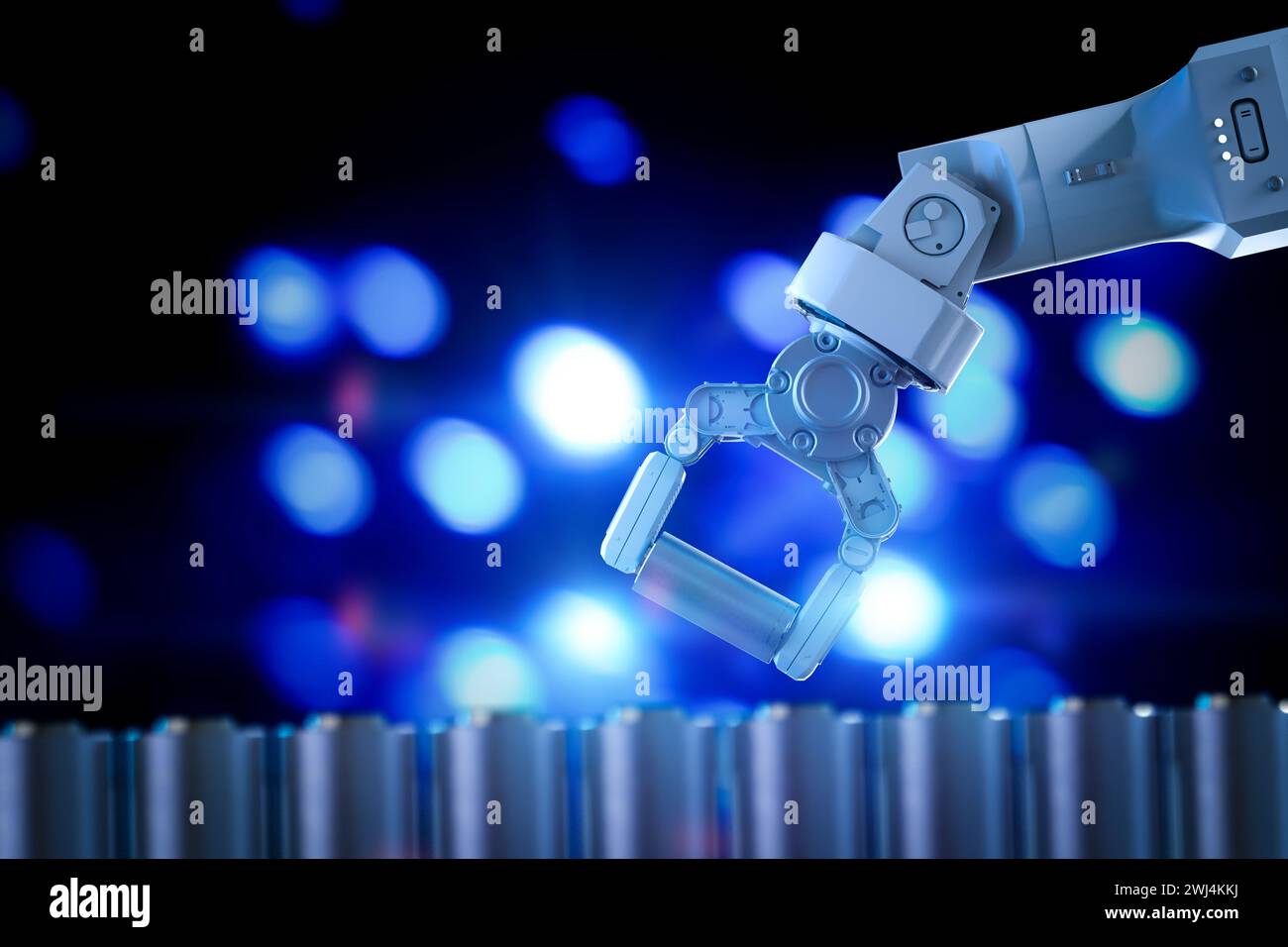 Automatisierung der Batterieherstellung mit 3D-Rendering-Akku, der vom Roboterarm erzeugt wird Stockfoto