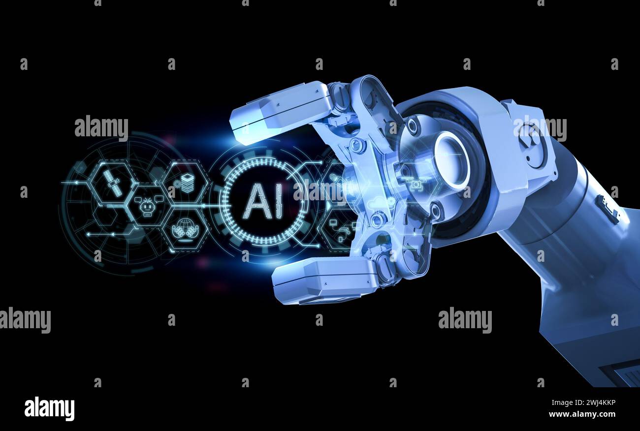 3D-Rendering-Roboterarm mit digitaler Ai-Schnittstellenanzeige Stockfoto