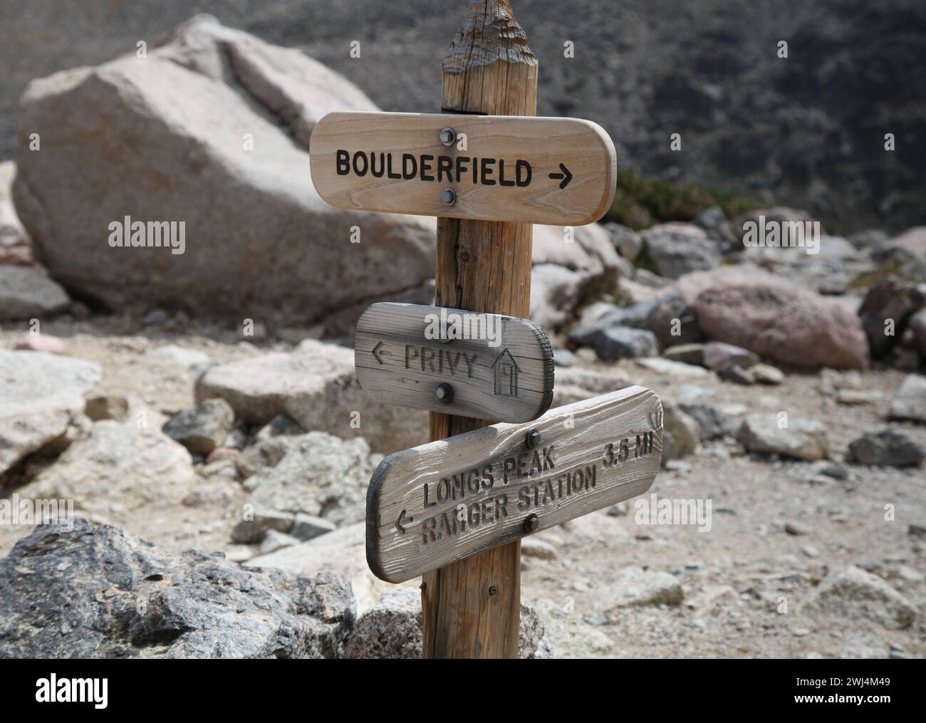 Wegweiser für den Boulder Field & Privy & Longs Peak Trail im Rocky Mountain National Park, Colorado Stockfoto