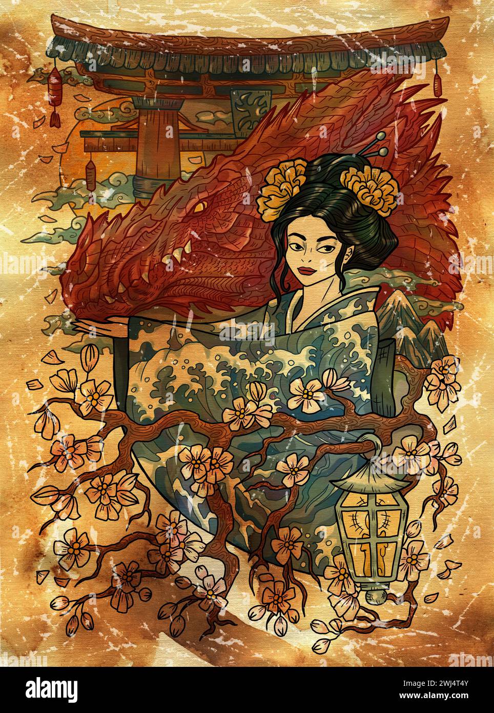 Illustration mit Fantasy-Gravur mit wunderschöner Frau als Hexe oder Magier auf strukturiertem Hintergrund. Handgezeichnete bunte Grafik mit ethnischem Konzept wie Stockfoto