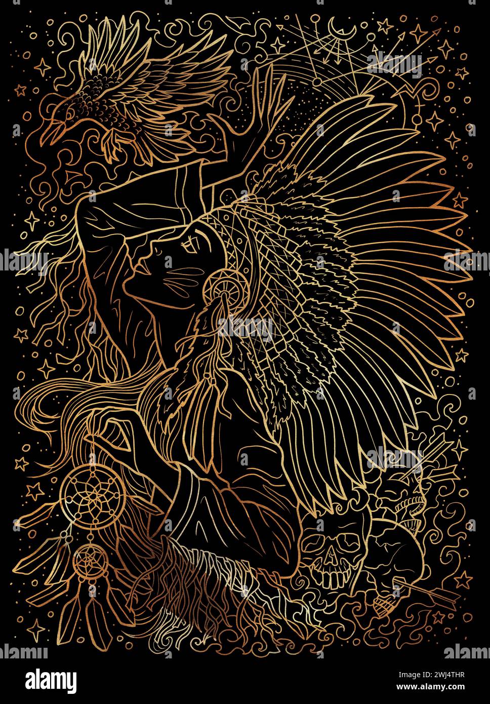 Illustration mit Fantasy-Gravur mit wunderschöner indianischer Frau als Hexe oder Zauberer auf schwarzem strukturiertem Hintergrund. Handgezeichnete farbenfrohe Grafik Stockfoto