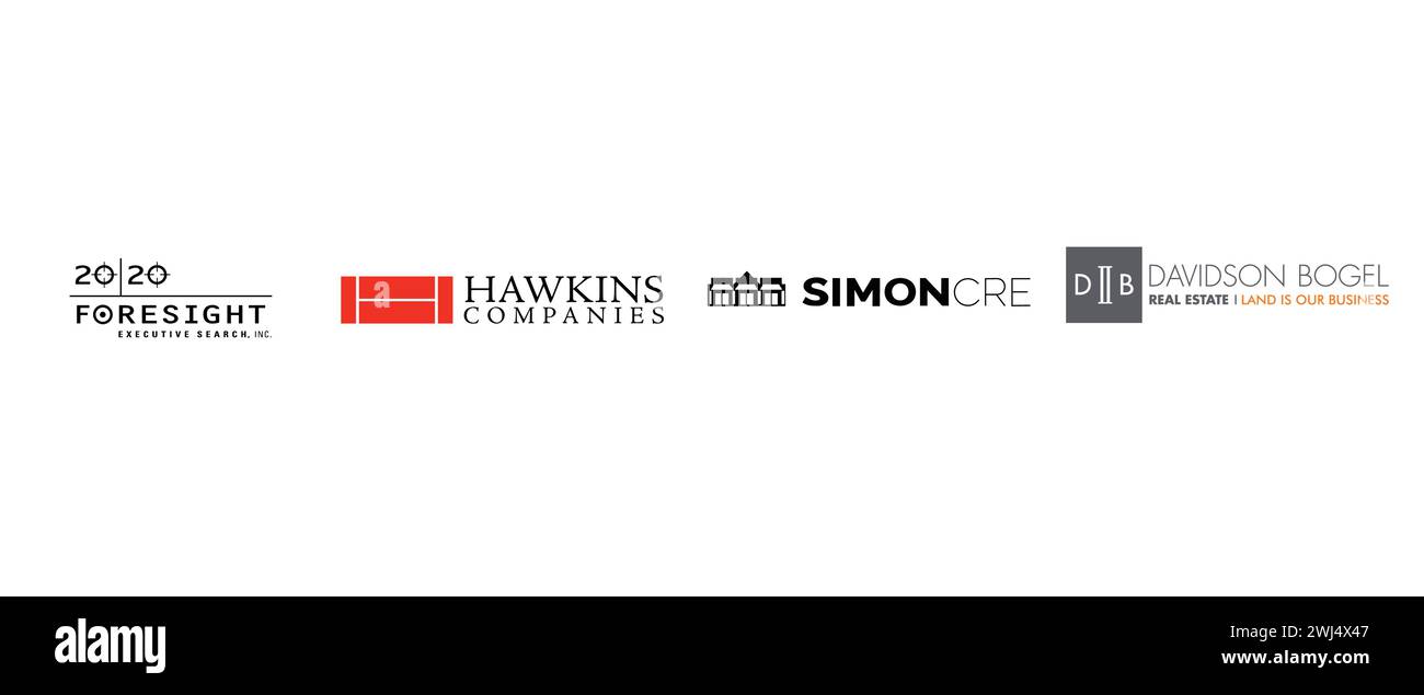 Simon CRE Commercial Real Estate, Davidson Bogel Real Estate, 20 20 Foresight Executive Search, Hawkins Companies. Vektorillustration, redaktionelles Logo Stock Vektor