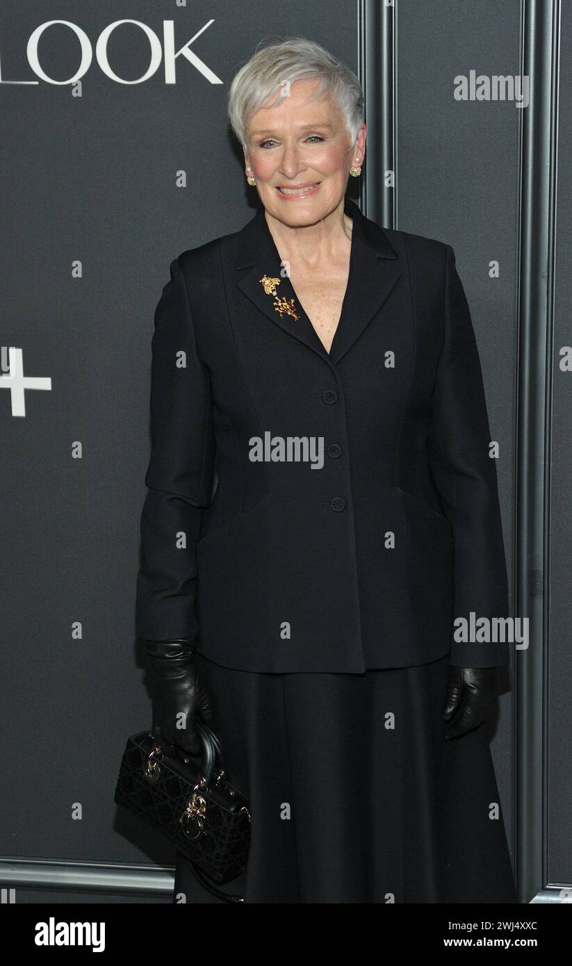 New York, USA. Februar 2024. Glenn Close nimmt am 12. Februar 2024 an der New Yorker Premiere des New Look in der Florence Gould Hall in der Alliance Francaise in New York Teil. (Foto: Stephen Smith/SIPA USA) Credit: SIPA USA/Alamy Live News Stockfoto