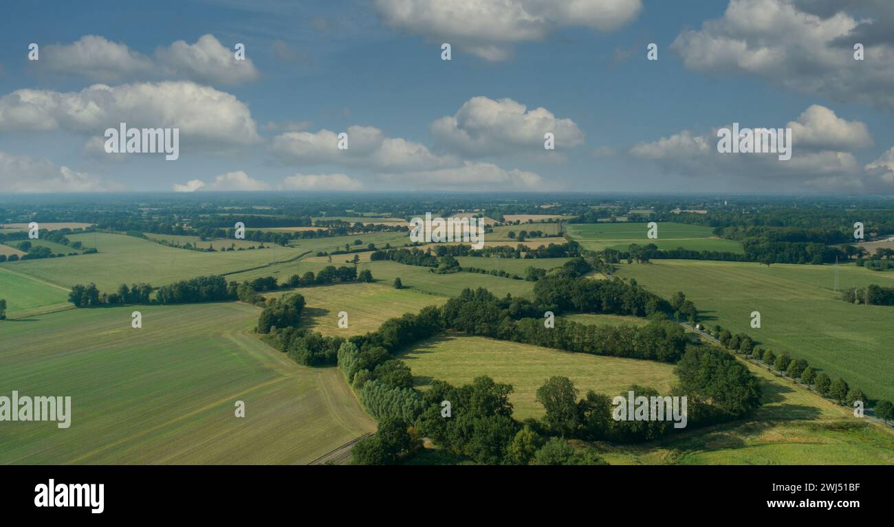 Drohnen Luftaufnahme verschiedener landwirtschaftlicher Felder in Schleswig-Holstein Stockfoto