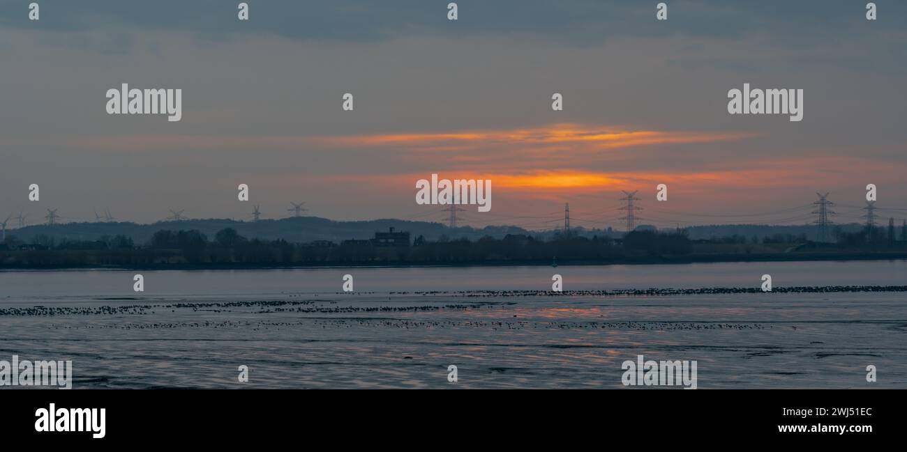 Intensiver Sonnenuntergang durch die Sahara-Luftschicht über Norddeutschland, aufgenommen auf der Elbe bei Hamburg Stockfoto