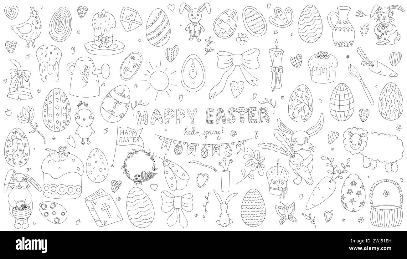 Niedliche Osterkollektion in Schwarz-weiß-Optik. Esterhase, Küken, Ei, Korb und Tulpen. Vektorabbildung Stock Vektor