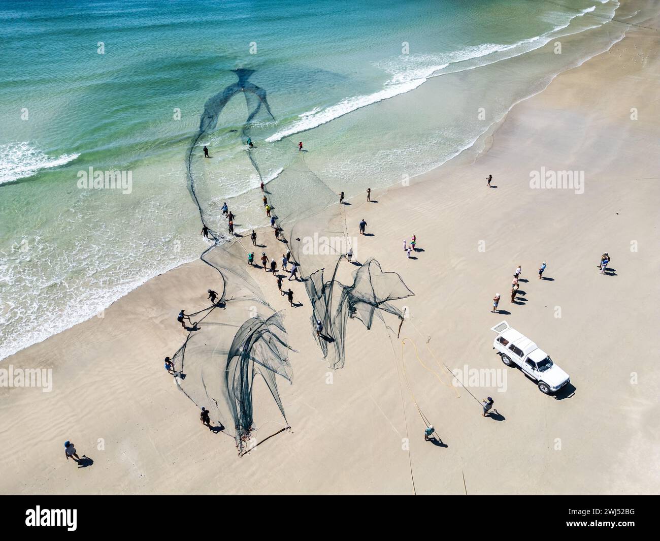 Wandern Sie Fischer, ziehen Sie Fischernetze mit Gelbschwanzfang ein, Fish Hoek, Kapstadt, Südafrika Stockfoto