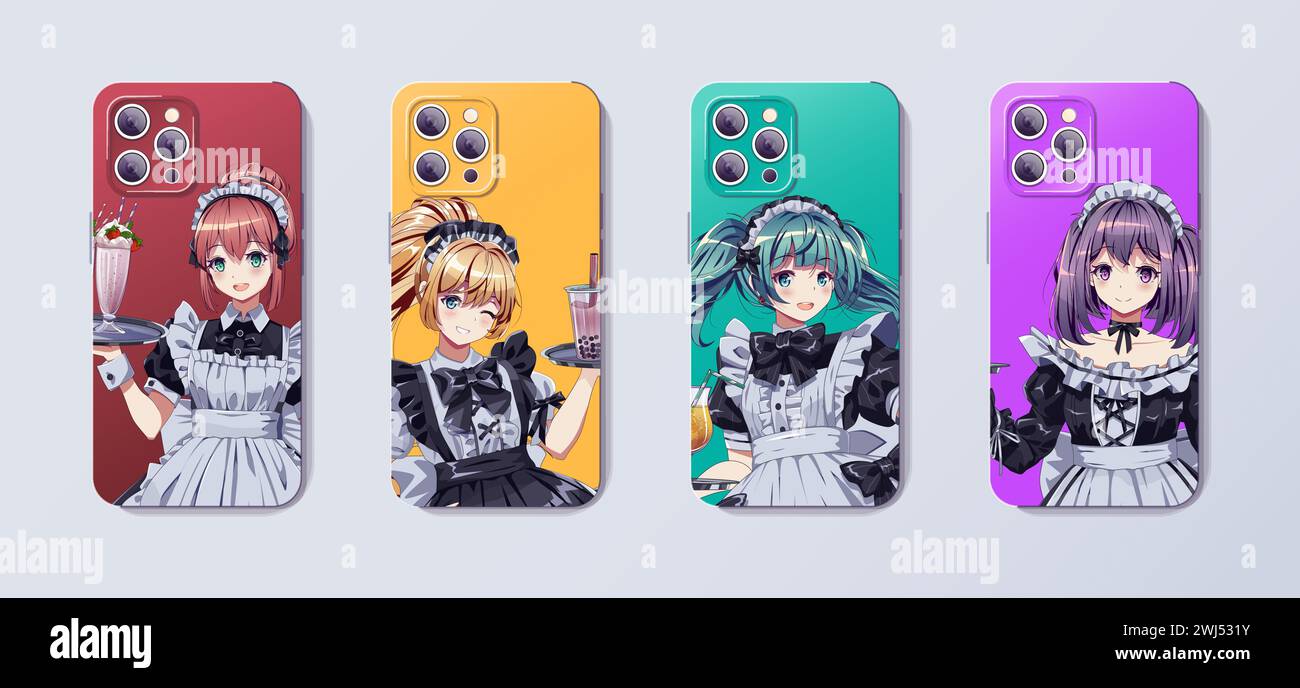 Dienstmädchen Cafe Kellnerinnen in Uniformen gedruckt auf Telefon Fall Design Vektor Illustration Set. Anime Mädchen Charaktere Farbvorlage für Smartphone Cover styl Stock Vektor