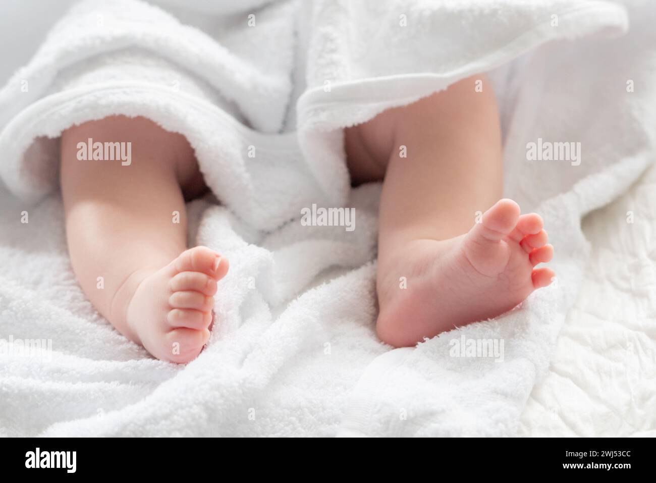 Der Neuanfang wird durch die Füße des Babys unter weißem Stoff präsentiert. Unschuldsbegriff und neue Wege Stockfoto