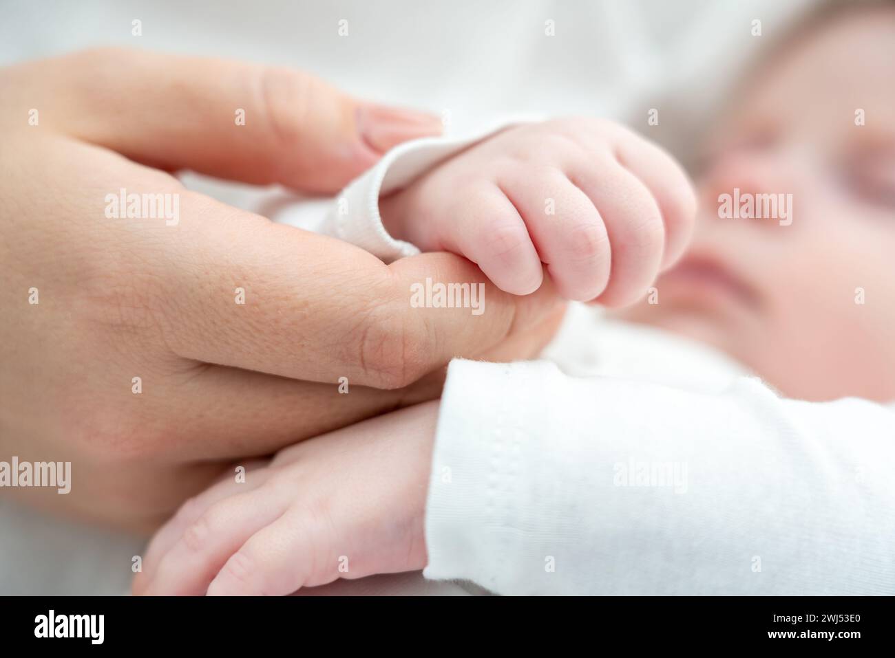 Unschuld und Vertrauen, das sich in der Hand des Babys an der Mutter zeigt. Das Konzept der heiligen Bindung von Geburt an Stockfoto