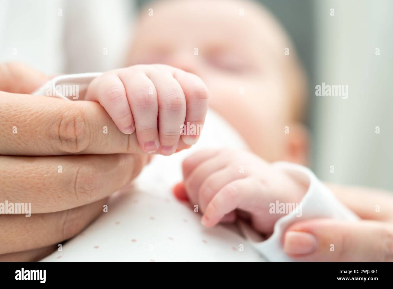 Die Hand der Mutter wird von den winzigen Fingern des Babys getragen. Konzept der bedingungslosen Liebe aus der ersten Berührung Stockfoto